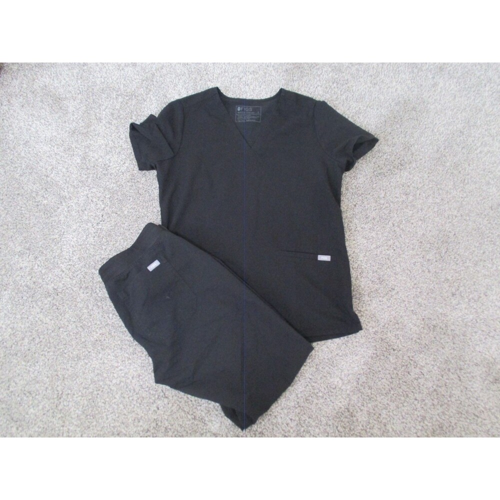 FIGS Technical Collection Scrub Set Top & Pants S Black Solid Polyester Blend